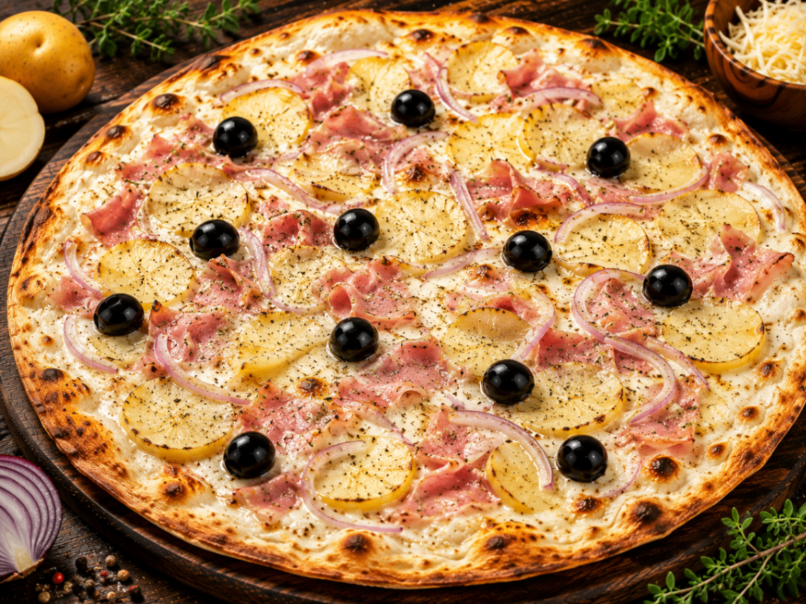 Flamme — Crème fraîche, jambon, pomme de terre, oignon, fromage, origan, olives